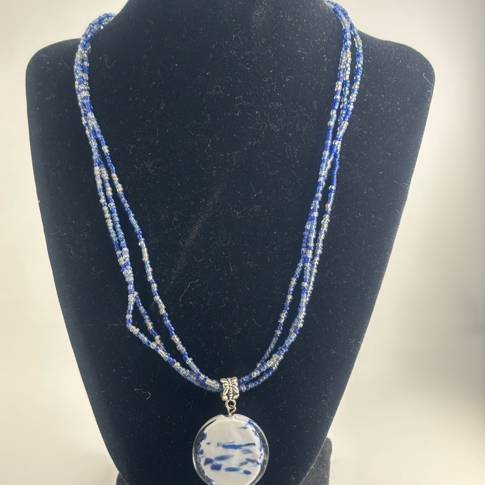 Blue Beaded Necklace with Pendant